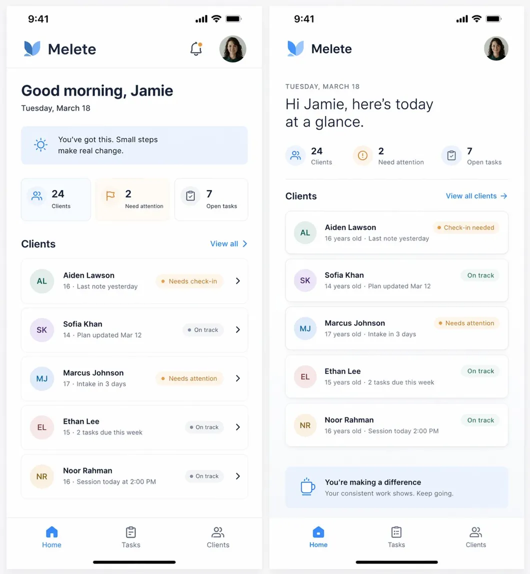 Begeleidersportaal — twee dashboard varianten
